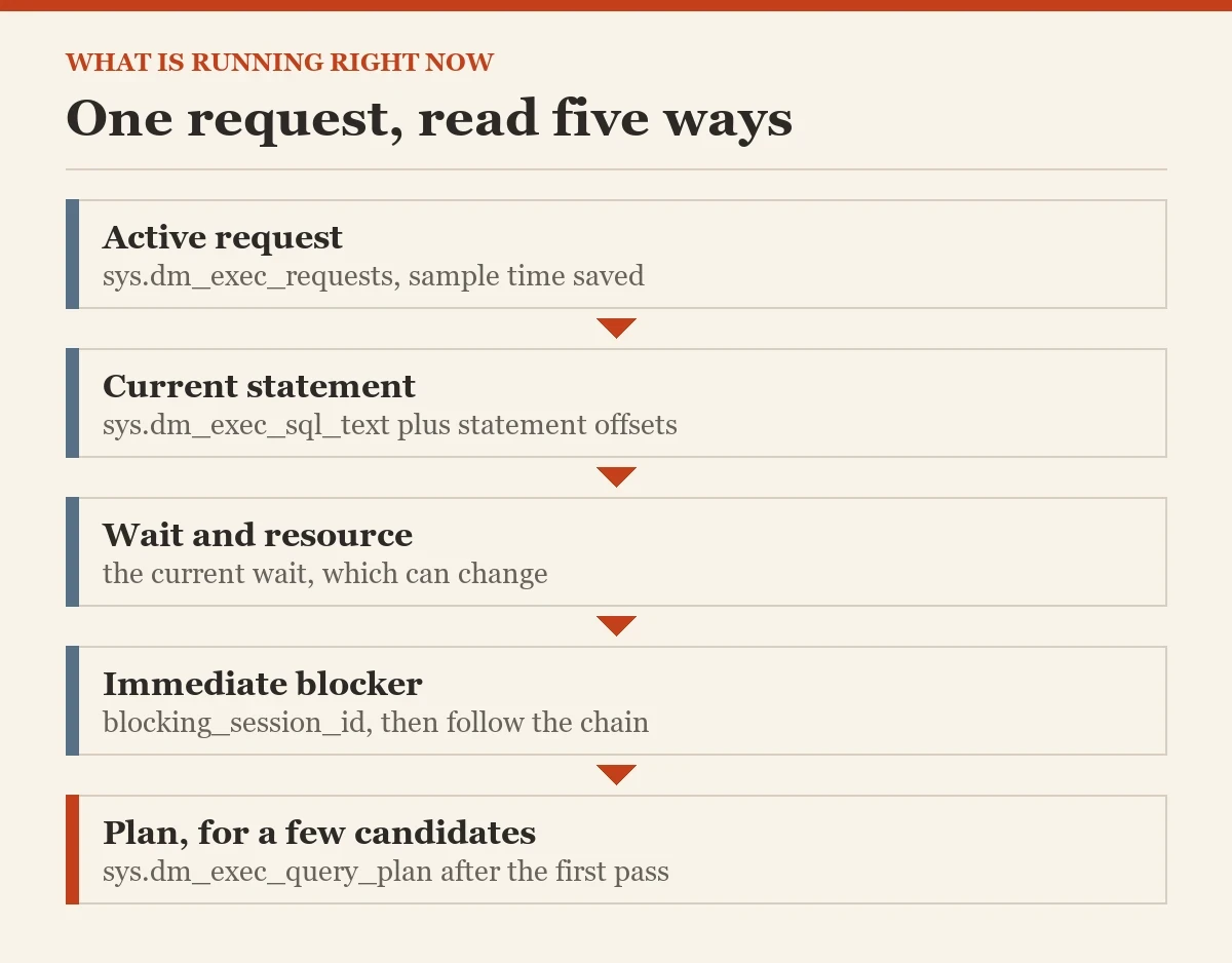 One request, read five ways: a diagram about the what is running right now