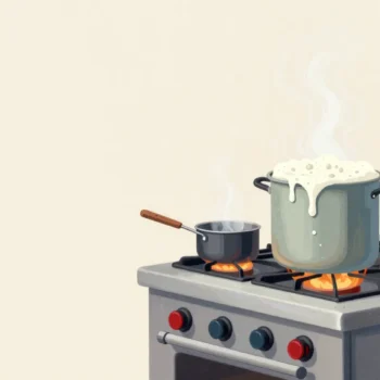 A busy restaurant stove with every burner lit and one pot boiling over as a hand reaches for its lid.