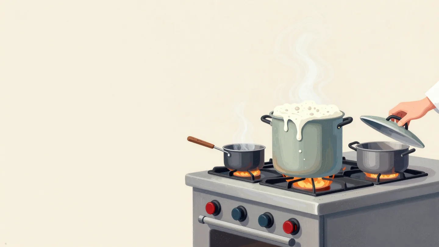 A busy restaurant stove with every burner lit and one pot boiling over as a hand reaches for its lid.