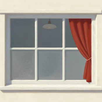 A cottage window frosted on the lower half, clear above, a red curtain tied back