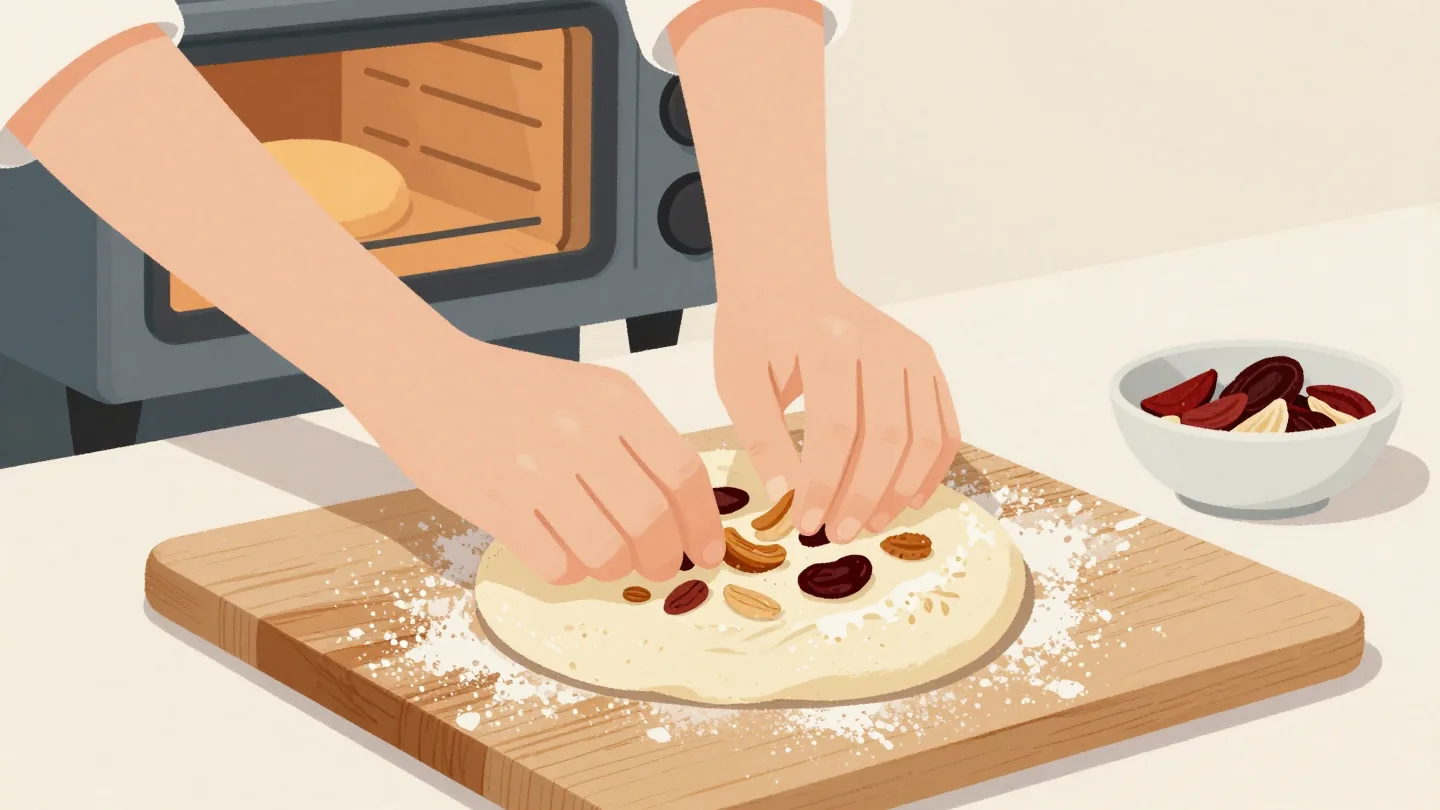 Floured hands fold dried fruit into bread dough on a wooden board, with a warm oven waiting behind.