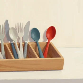 A hand sorting mixed cutlery into three compartments, one red-handled spoon set apart