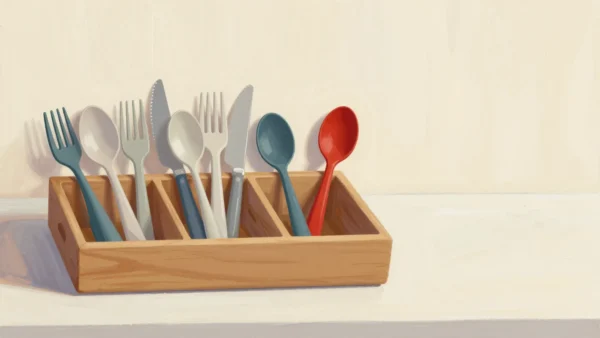 A hand sorting mixed cutlery into three compartments, one red-handled spoon set apart