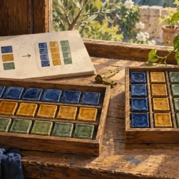 A rich painting pairs handmade blue, ochre and sage tiles arranged in horizontal rows and vertical columns.
