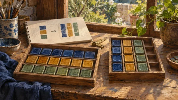 A rich painting pairs handmade blue, ochre and sage tiles arranged in horizontal rows and vertical columns.