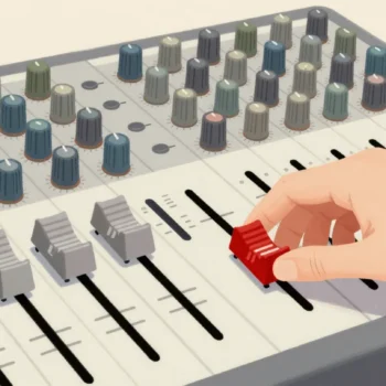 A hand setting one red slider on a mixing desk
