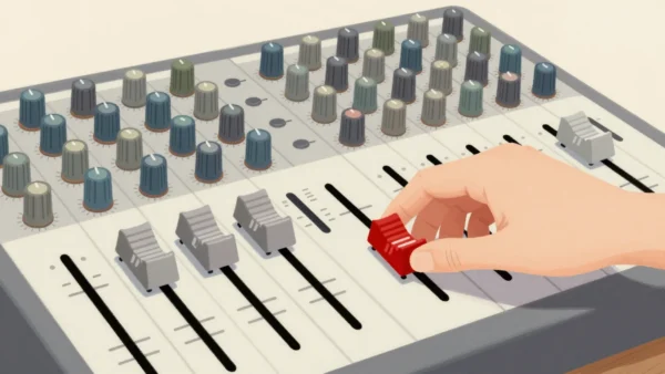 A hand setting one red slider on a mixing desk