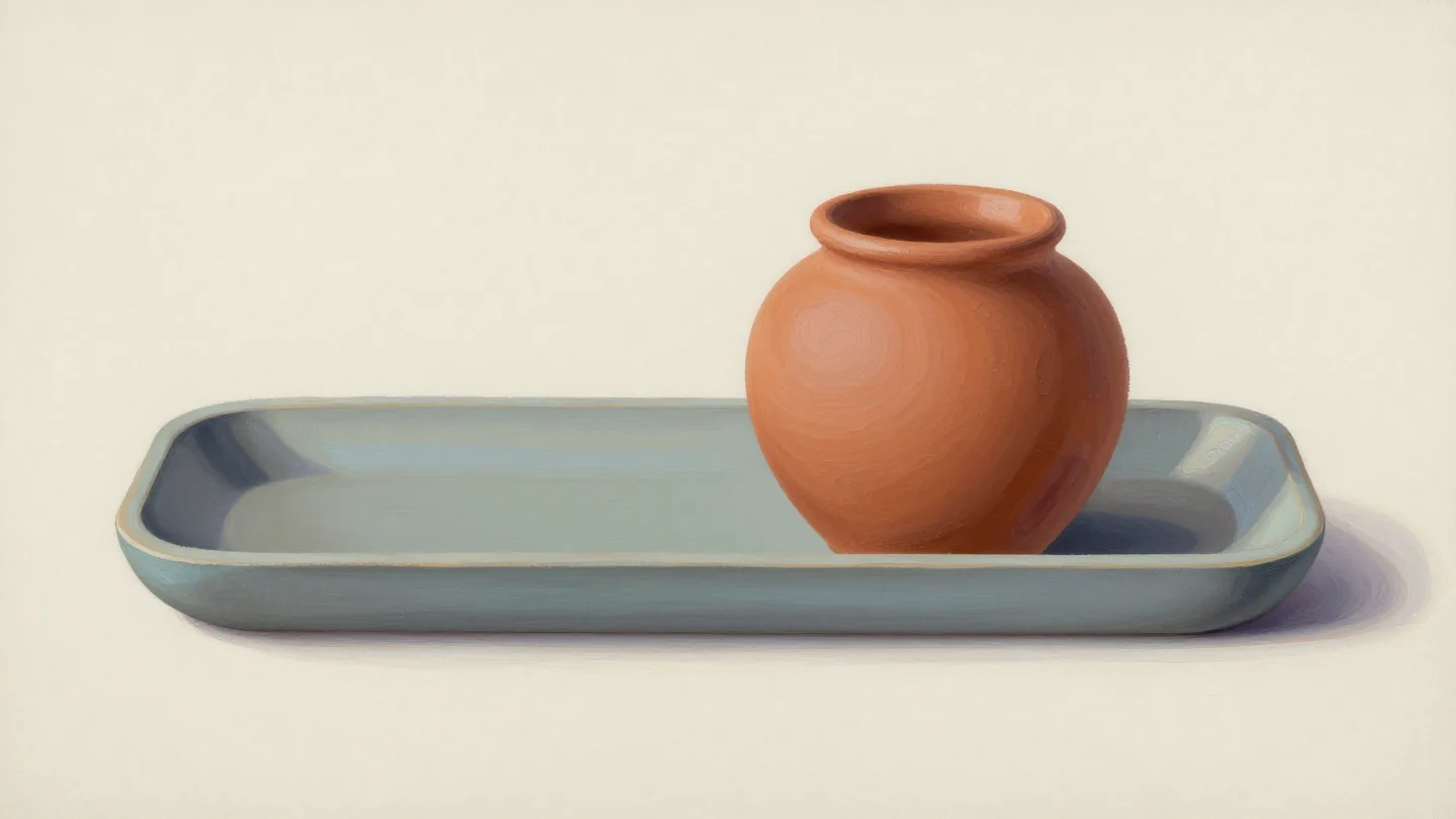 A rounded terracotta pot in a long shallow blue-gray ceramic tray.