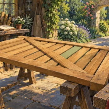 A complete wooden garden gate with one sage-coloured slat beside a woodworking plane.