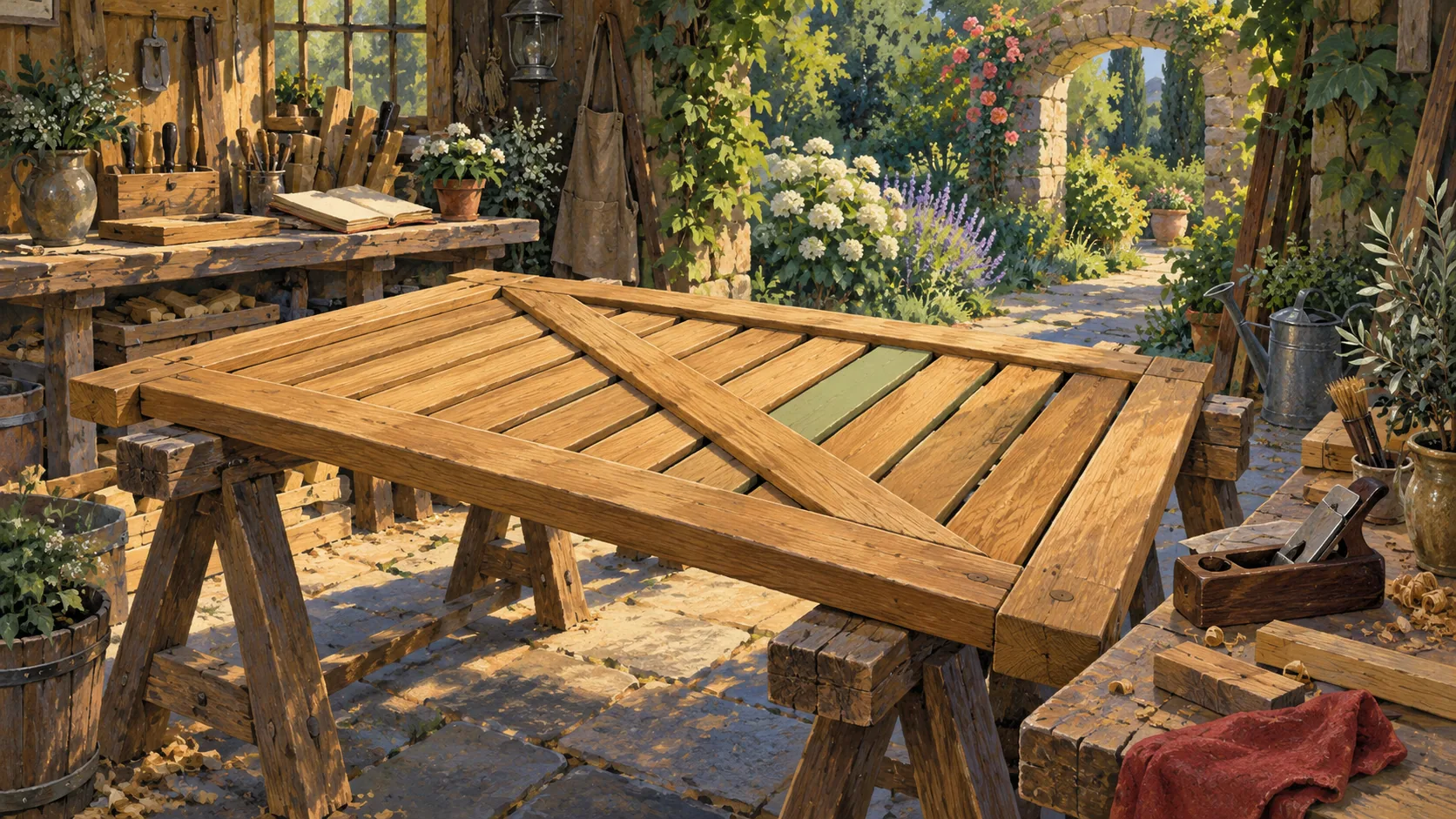A complete wooden garden gate with one sage-coloured slat beside a woodworking plane.