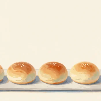 Gouache painting: five round buns sit in a row on a long bakery board