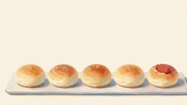 Gouache painting: five round buns sit in a row on a long bakery board