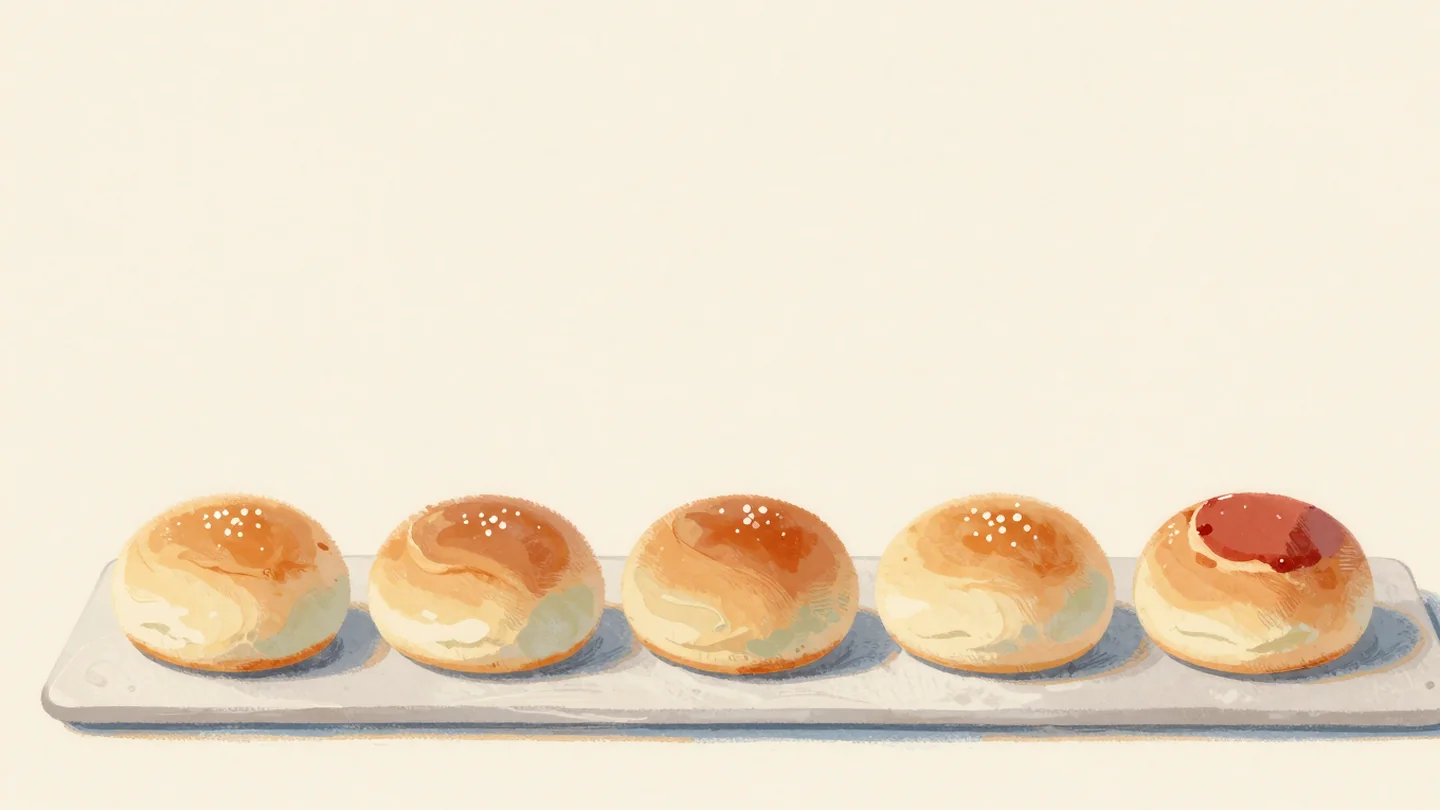 Gouache painting: five round buns sit in a row on a long bakery board