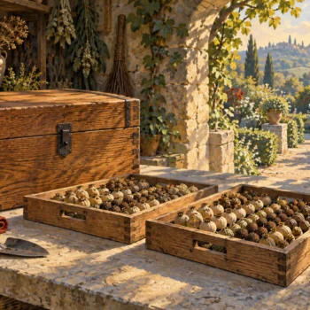 Two wooden trays of seed pods beside a closed seed chest and garden tools.