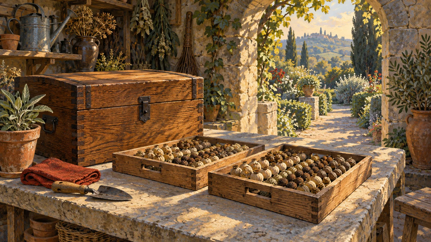 Two wooden trays of seed pods beside a closed seed chest and garden tools.