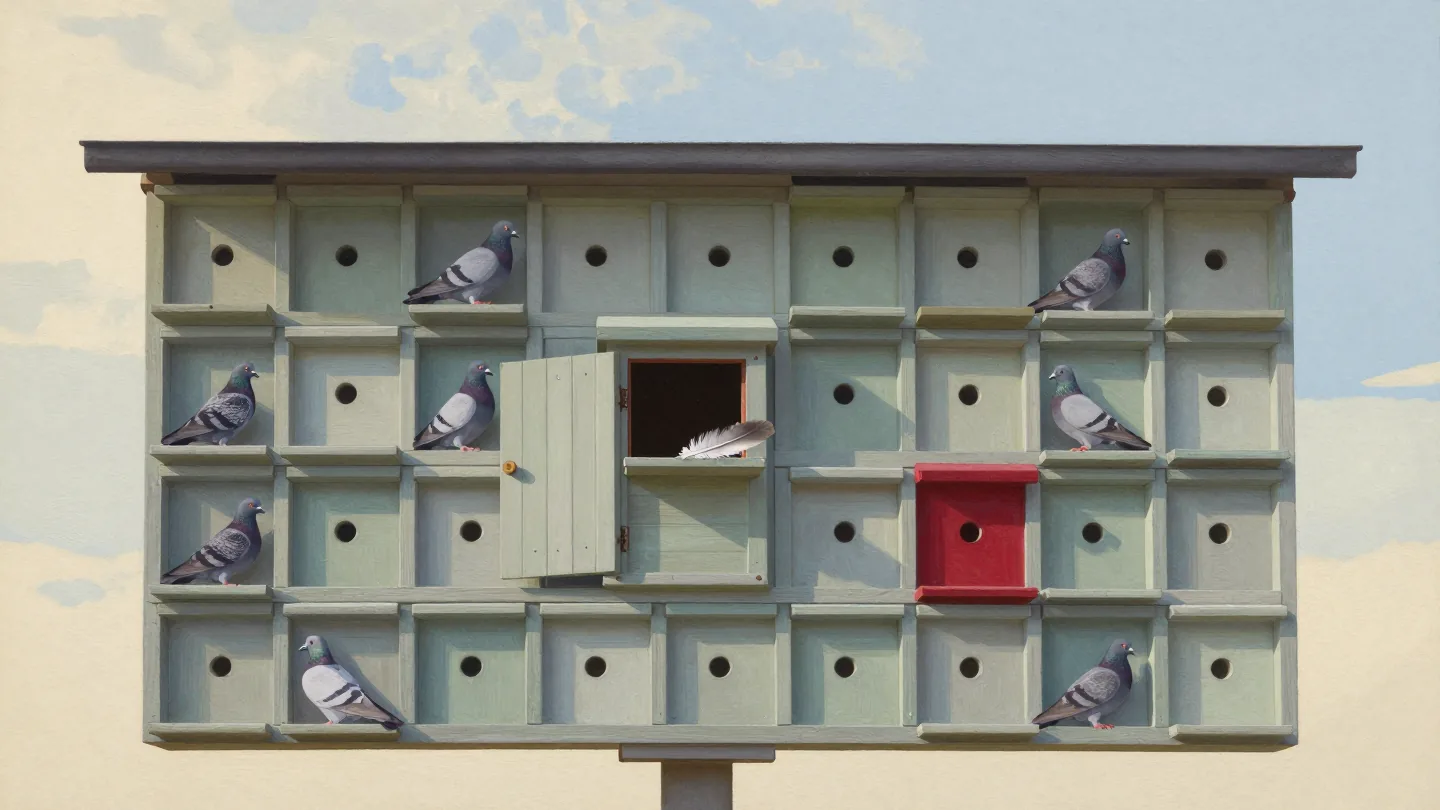 A wooden pigeon loft at dusk with a pigeon in every nesting box except one empty box with an open door.