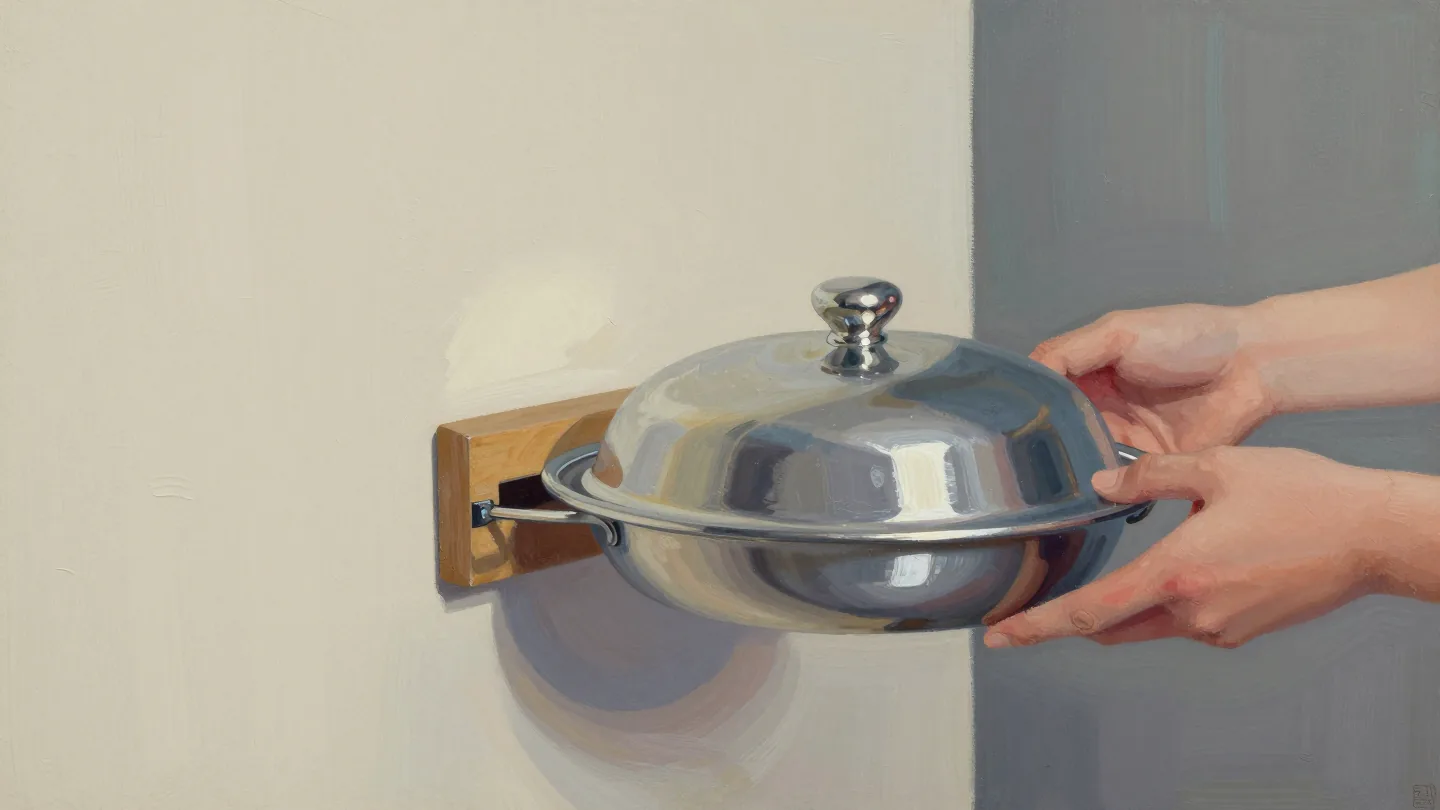 A covered serving dish passes through a small kitchen hatch toward a hand reaching from a dark room.
