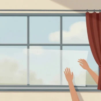 Hands applying frosted film to a window so the room behind becomes unreadable