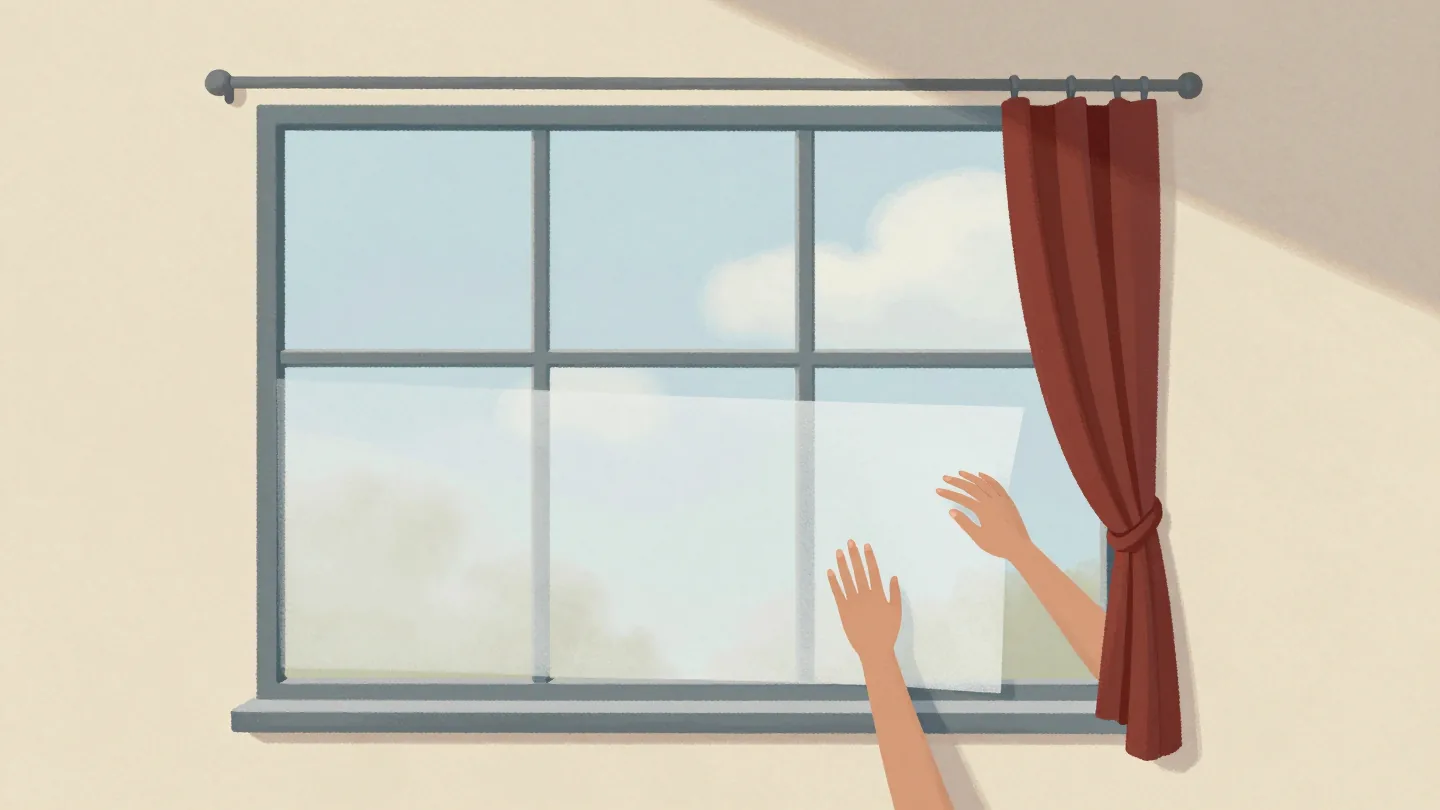 Hands applying frosted film to a window so the room behind becomes unreadable