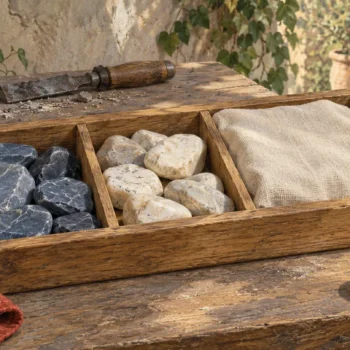 A stone-sorting tray has visible stones and one linen-covered compartment concealing its contents.