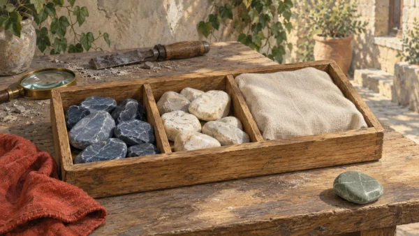 A stone-sorting tray has visible stones and one linen-covered compartment concealing its contents.