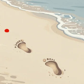Footprints along a wet shoreline, crisp in front and fading further back as a wave smooths the oldest away.