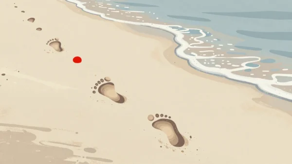 Footprints along a wet shoreline, crisp in front and fading further back as a wave smooths the oldest away.
