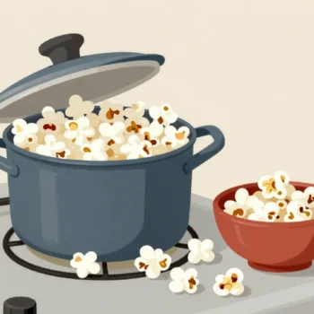 A pan overflowing with fresh popcorn, a small red bowl of unpopped kernels beside it