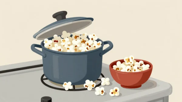 A pan overflowing with fresh popcorn, a small red bowl of unpopped kernels beside it