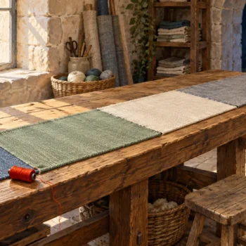Four unequal woven cloth strips form one continuous sequence across an oak bench in a sunlit stone workshop.