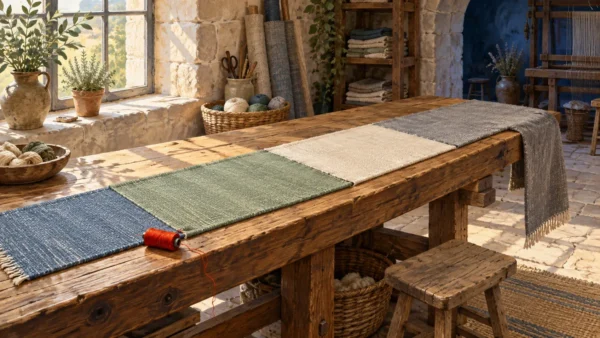 Four unequal woven cloth strips form one continuous sequence across an oak bench in a sunlit stone workshop.