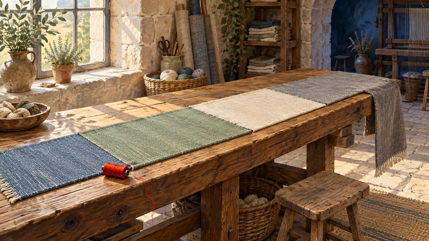 Four unequal woven cloth strips form one continuous sequence across an oak bench in a sunlit stone workshop.