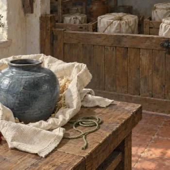 A pottery dispatch gate stays closed while an intact vessel waits on a separate inspection bench.