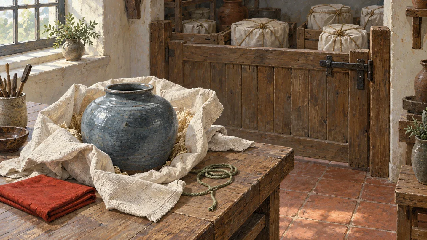 A pottery dispatch gate stays closed while an intact vessel waits on a separate inspection bench.