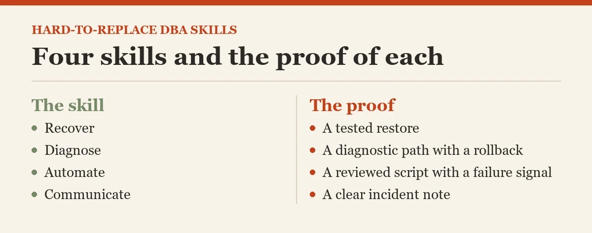 Four skills and the proof of each: a diagram about the DBA hard to replace