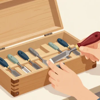Two pairs of hands at an open wooden toolbox, one lifting a chisel out of its fitted place.