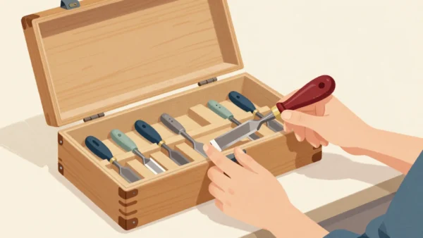 Two pairs of hands at an open wooden toolbox, one lifting a chisel out of its fitted place.