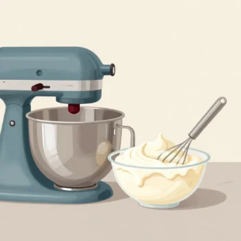 A stand mixer and a balloon whisk beside the same bowl of half-whipped cream on a kitchen counter