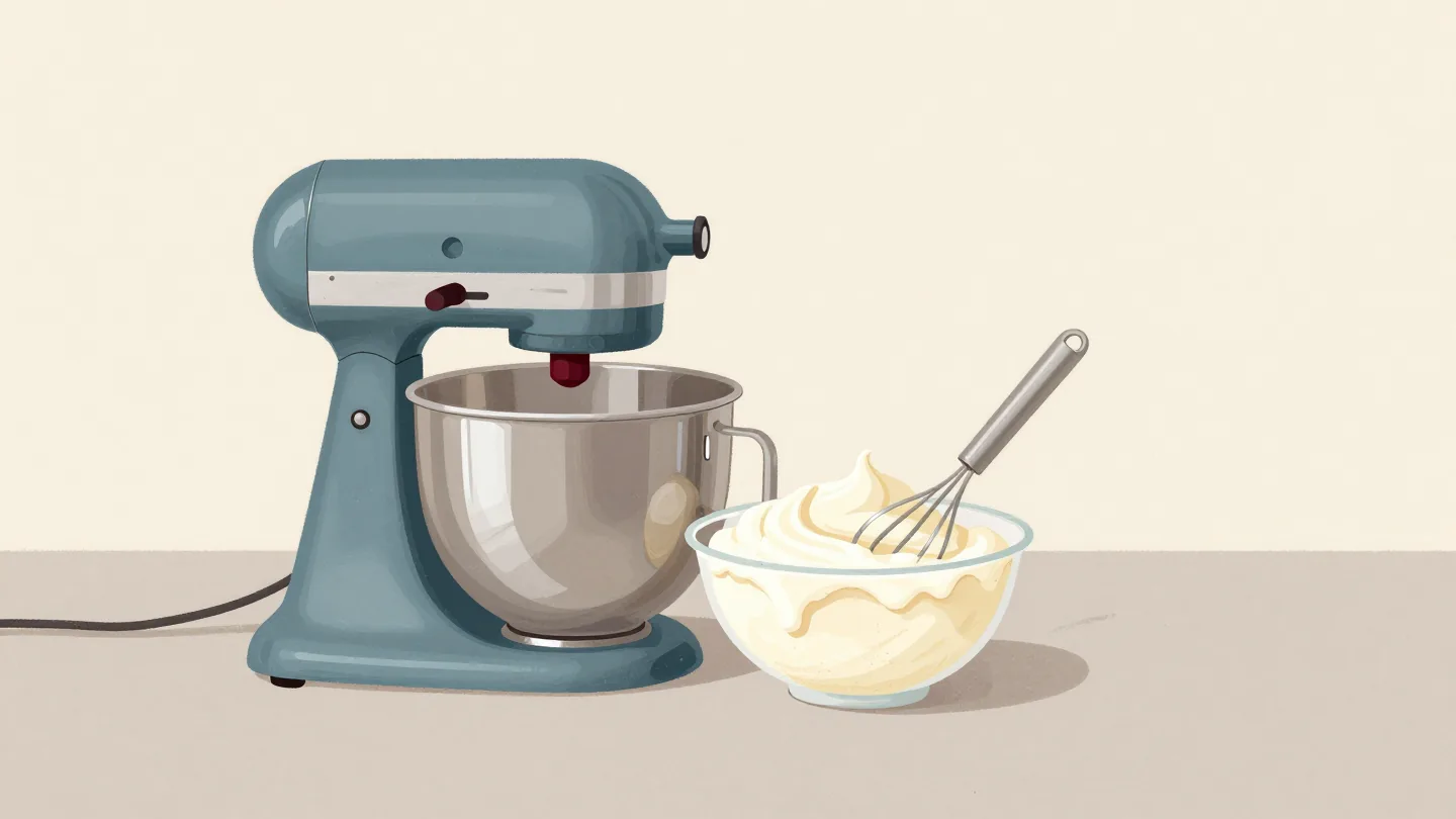 A stand mixer and a balloon whisk beside the same bowl of half-whipped cream on a kitchen counter