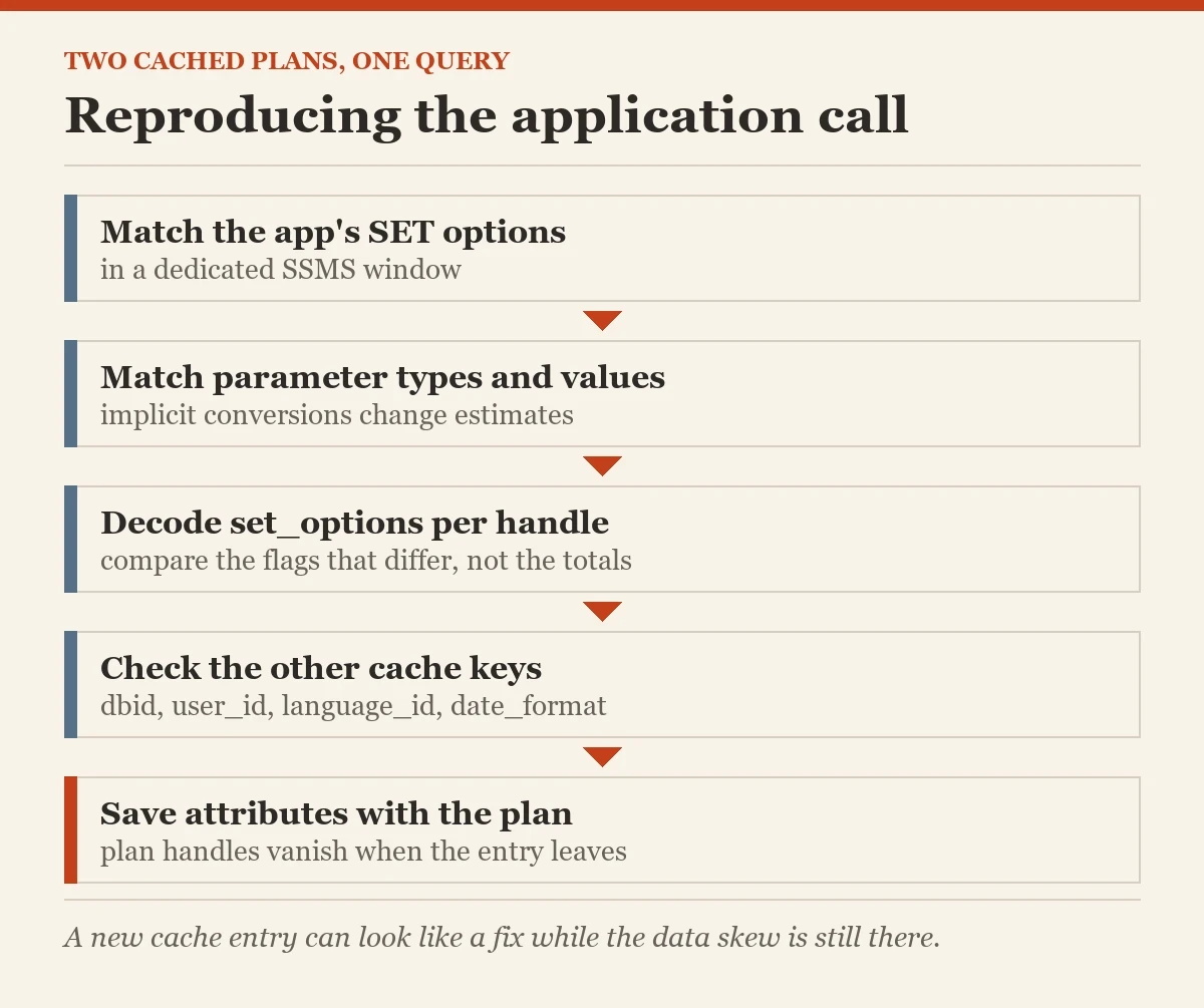 Reproducing the application call: a checklist on the two cached plans