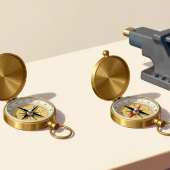 Two identical brass compasses on a workbench, one needle pulled aside by a nearby iron vise