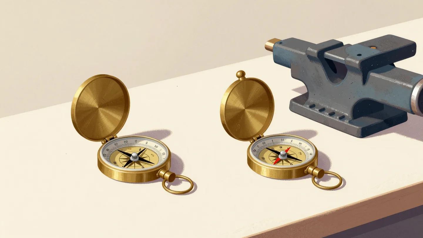 Two identical brass compasses on a workbench, one needle pulled aside by a nearby iron vise