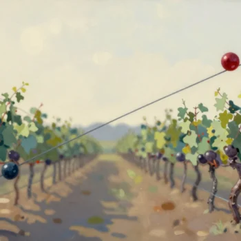 A vineyard row with a sloping wire between two posts, a red bead high on the right and a blue bead low on the left.