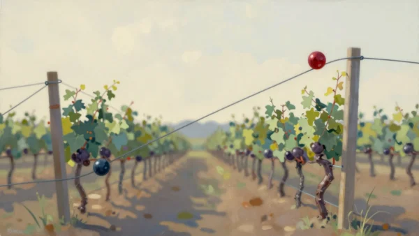 A vineyard row with a sloping wire between two posts, a red bead high on the right and a blue bead low on the left.