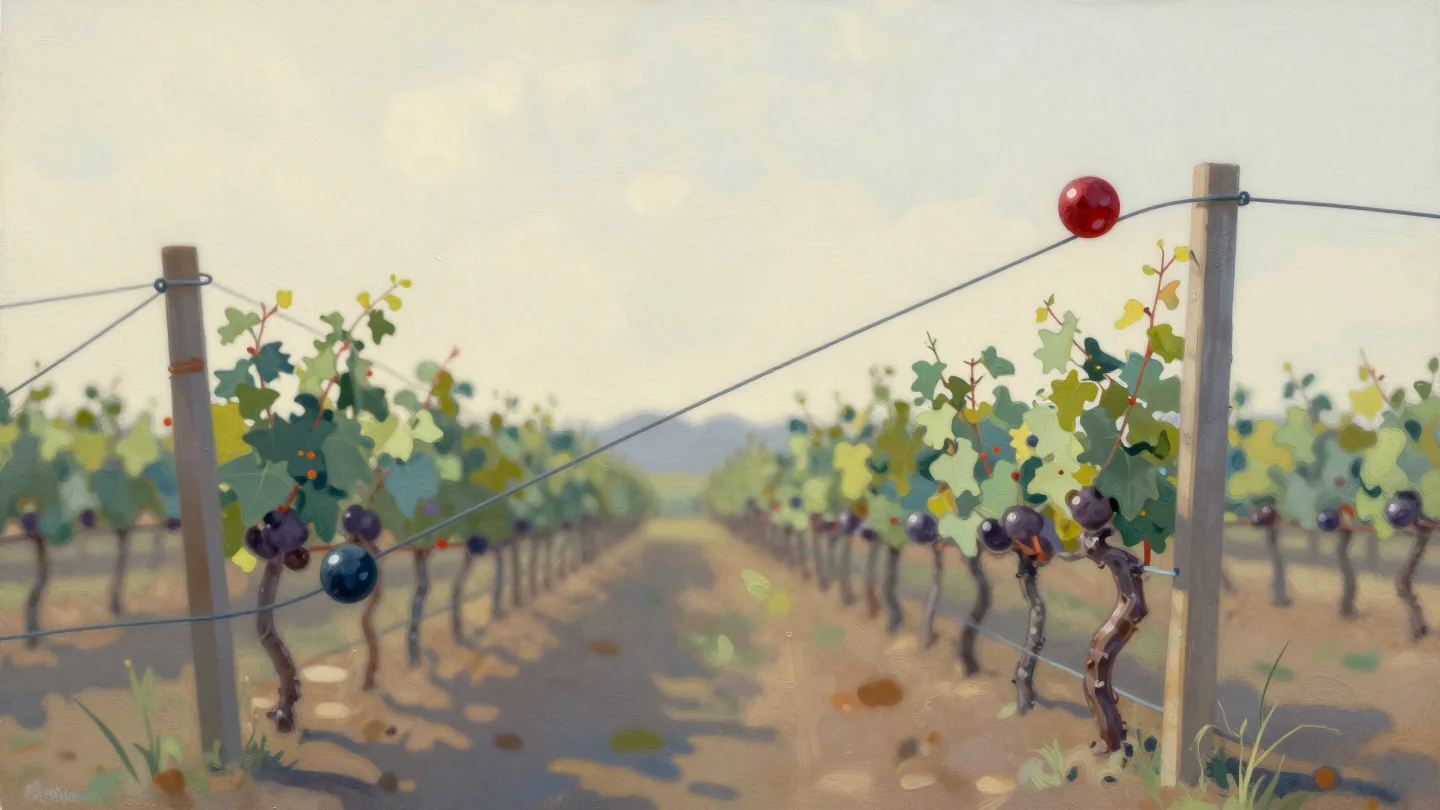 A vineyard row with a sloping wire between two posts, a red bead high on the right and a blue bead low on the left.