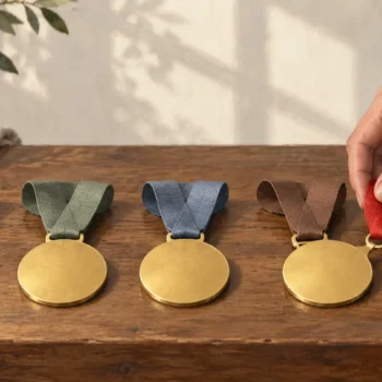 Four identical blank medals have different colored ribbons, and a hand attaches a red loop.