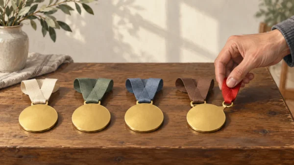 Four identical blank medals have different colored ribbons, and a hand attaches a red loop.