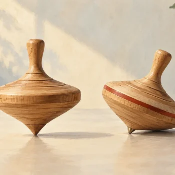 Two similar wooden tops, one upright and one leaning on its rim with an off-center tip.