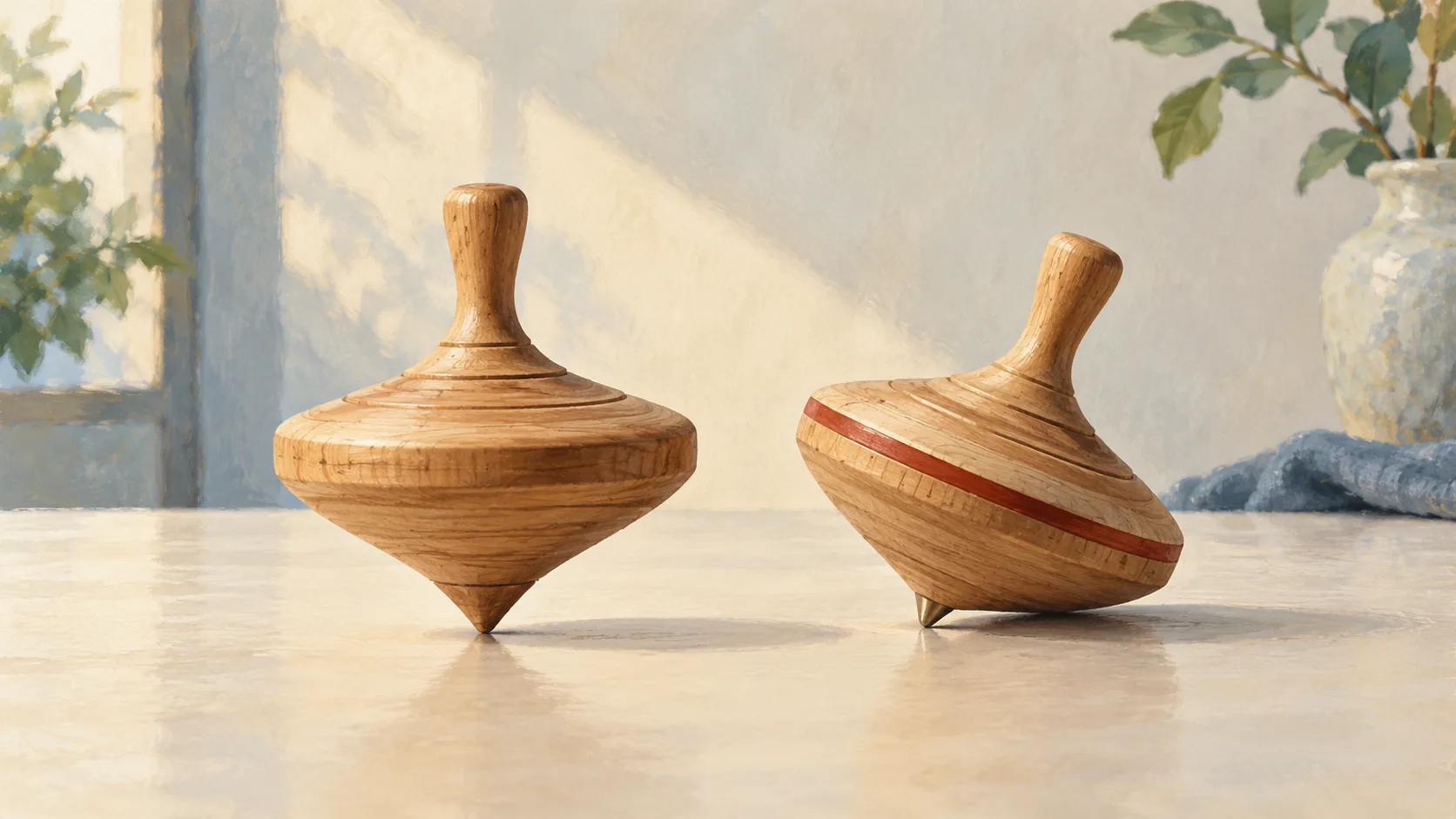 Two similar wooden tops, one upright and one leaning on its rim with an off-center tip.