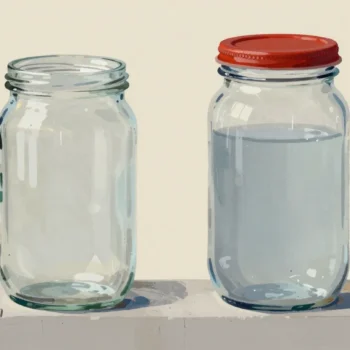 Two glass jars on a garden wall, one empty, one filled with water under a red lid